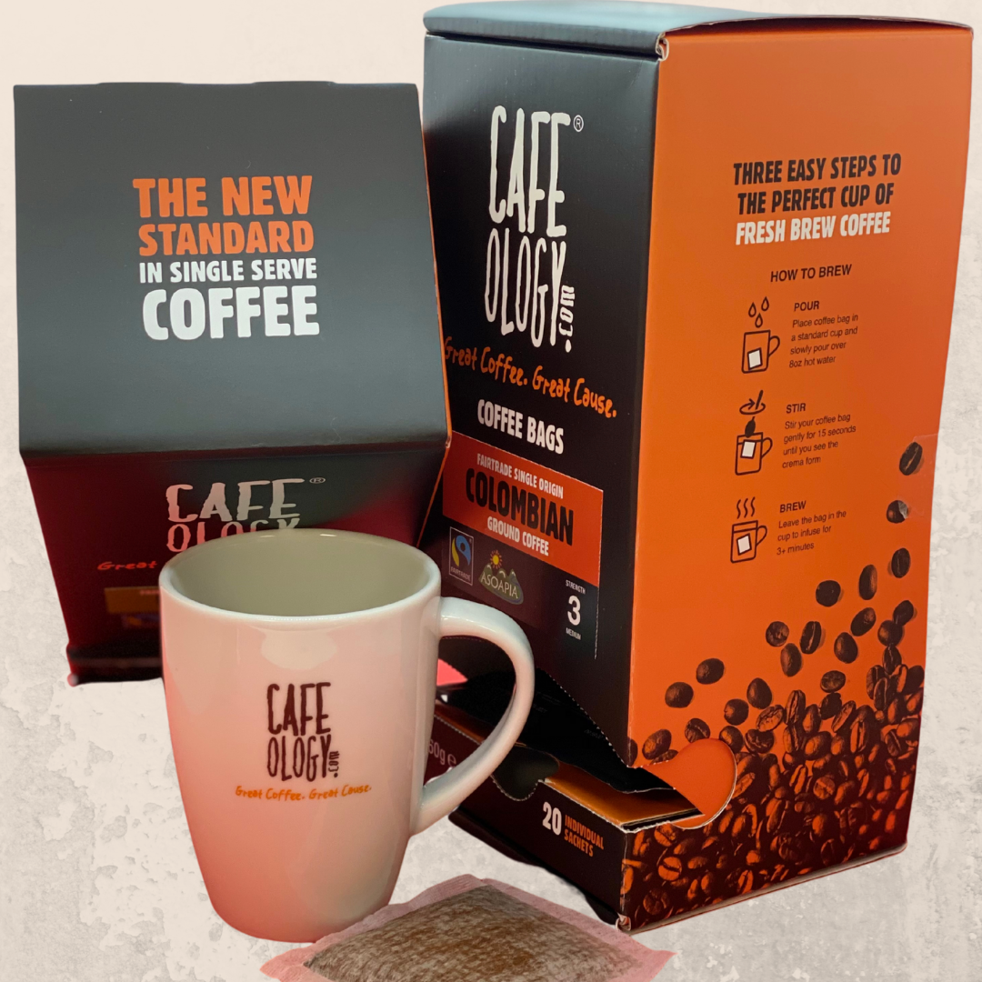 Cafeology Coffee Bags now available with a dispense box or in bulk Colombian Dispenser Box 20 Bags Strength Guide 3