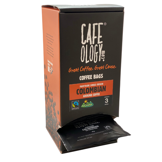 Colombian coffee bags in a box